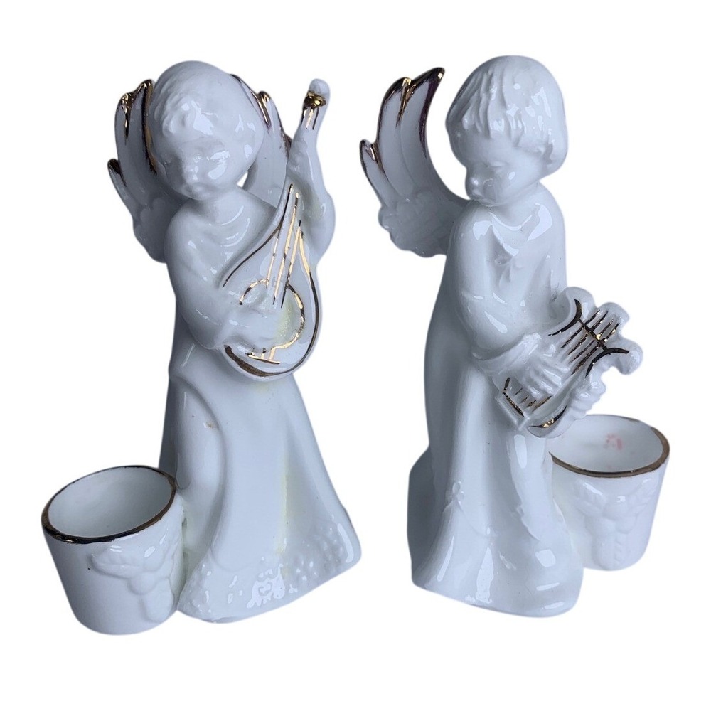Vintage Bone China Angel Candle Holders Gold Trim Cherub Musicians Set of 2
